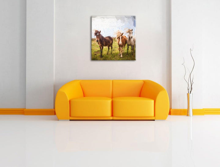 Pixxprint DREI Wilde Islandpferde Pinsel Effekt, Format: 70x70 auf Leinwand, 70x70