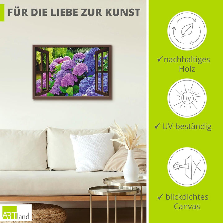 ARTland Leinwandbilder Wandbild Bild auf Leinwand 70x50 cm Fensterblick Hortensien im Garten T5QA Ho