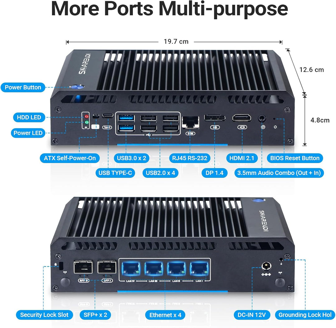 Sharevdi Lüfterloser Router Firewall Appliance Mini PC mit 2X SFP+ 4X Intel i226 LAN Ethernet Intel