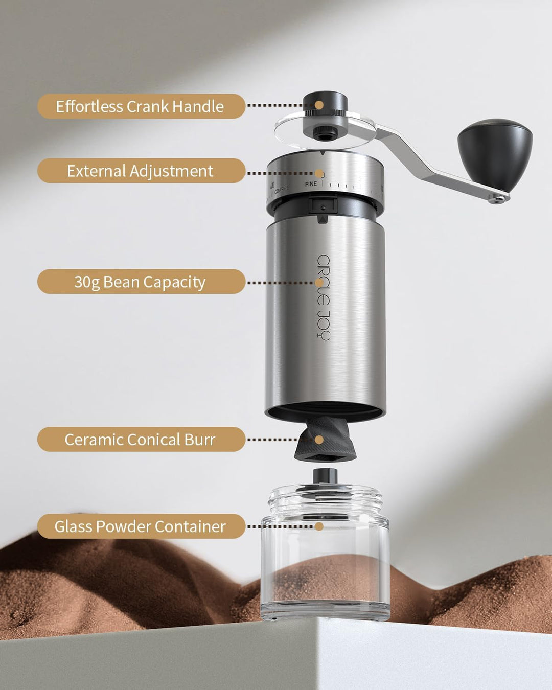 CIRCLE JOY Tragbare Manuelle Kaffeemühle mit keramischem Konischem Frässtift und 40 Externen Einstel
