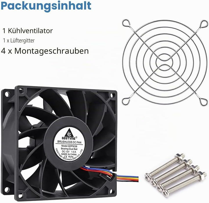 GDSTIME 12V Lüfter 92mm Lüfter 92 x 38mm 4 Pin PWM CPU Lüfter 9CM Gehäuselüfter 5000 U/min Kühlung L
