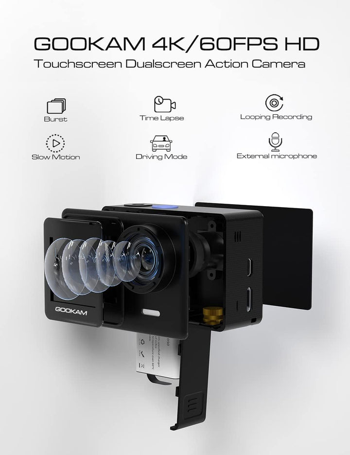 GOOKAM 4K 60fps 24MP Action Cam WiFi Actionkamera Dualscreen Touchscreen 40M Unterwasserkamera EIS S
