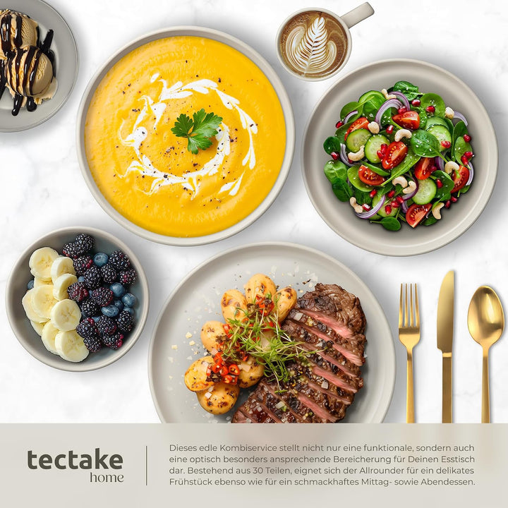 tectake® Küchenstarterset 6 Personen, Steingut Geschirr Set, Teller, 4 Töpfe 2 Pfannen rostfreies Al