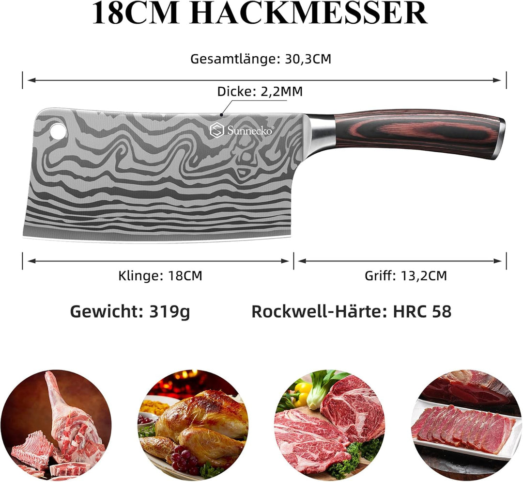 Sunnecko 18cm Hackmesser Küchenbeil Küchenmesser Messer - Kochmesser Profi Messer aus Edelstahl Hack