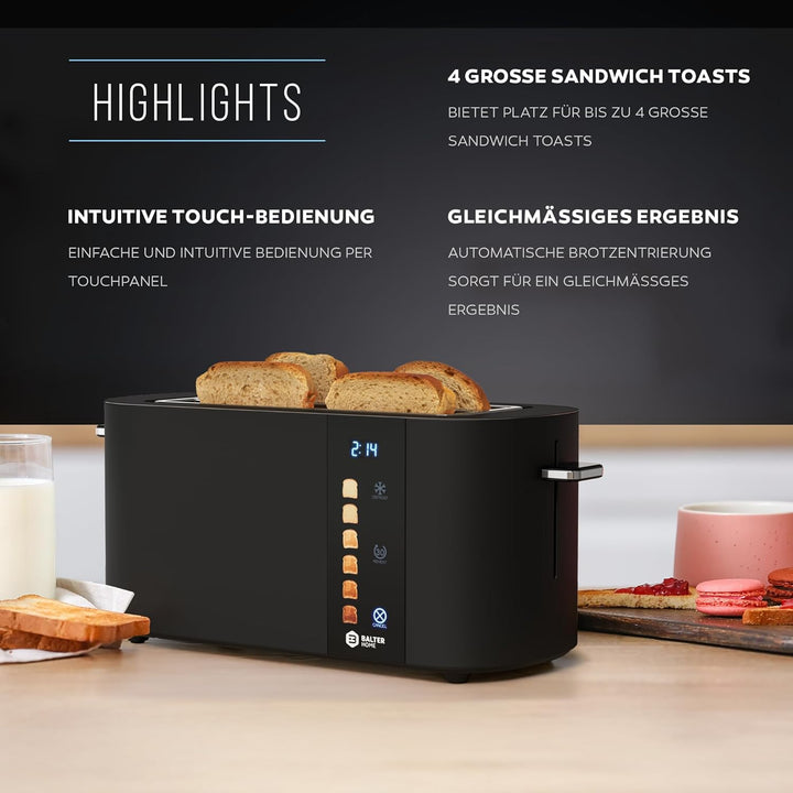 Balter Toaster 4 Scheiben, Touch Bedienung, Langschlitz, Edelstahl, Brötchenaufsatz, LCD Display Lan