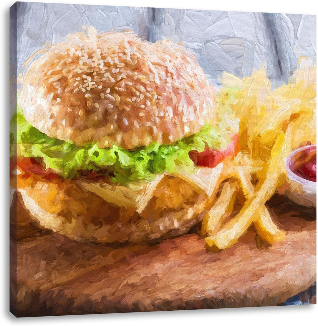 Pixxprint Chickenburger mit Pommes Pinsel Effekt, Format: 70x70 auf Leinwand, 70x70