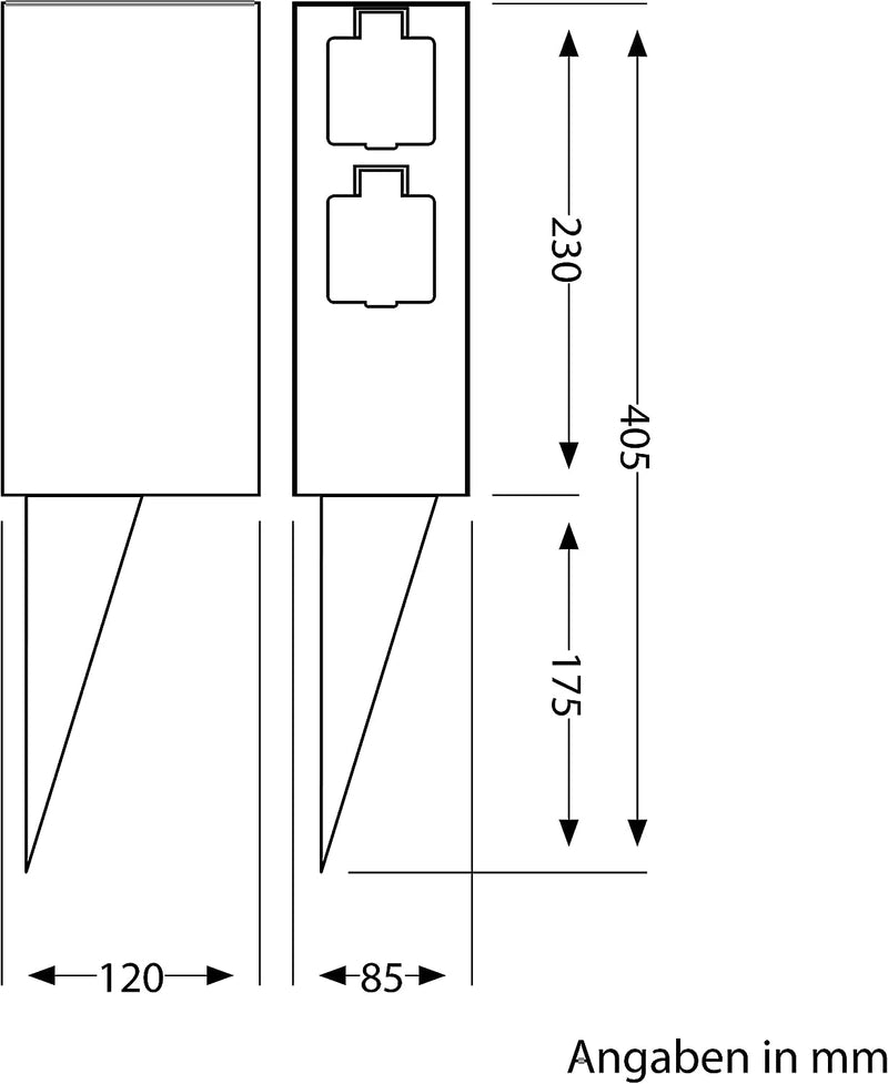 ledscom.de Garten-Steckdosensäule POMI mit Erdspiess und 2m Kabel für aussen, IP44, Dämmerungssensor