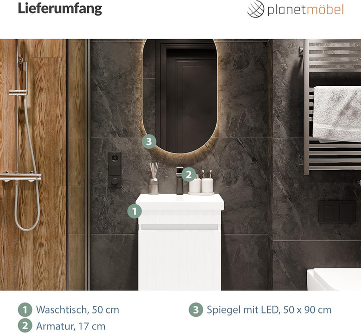 Planetmöbel Cosmia Badmöbel Set Waschbecken mit Unterschrank 50 x 60 x 35 cm Weiss, Spiegel mit Bele