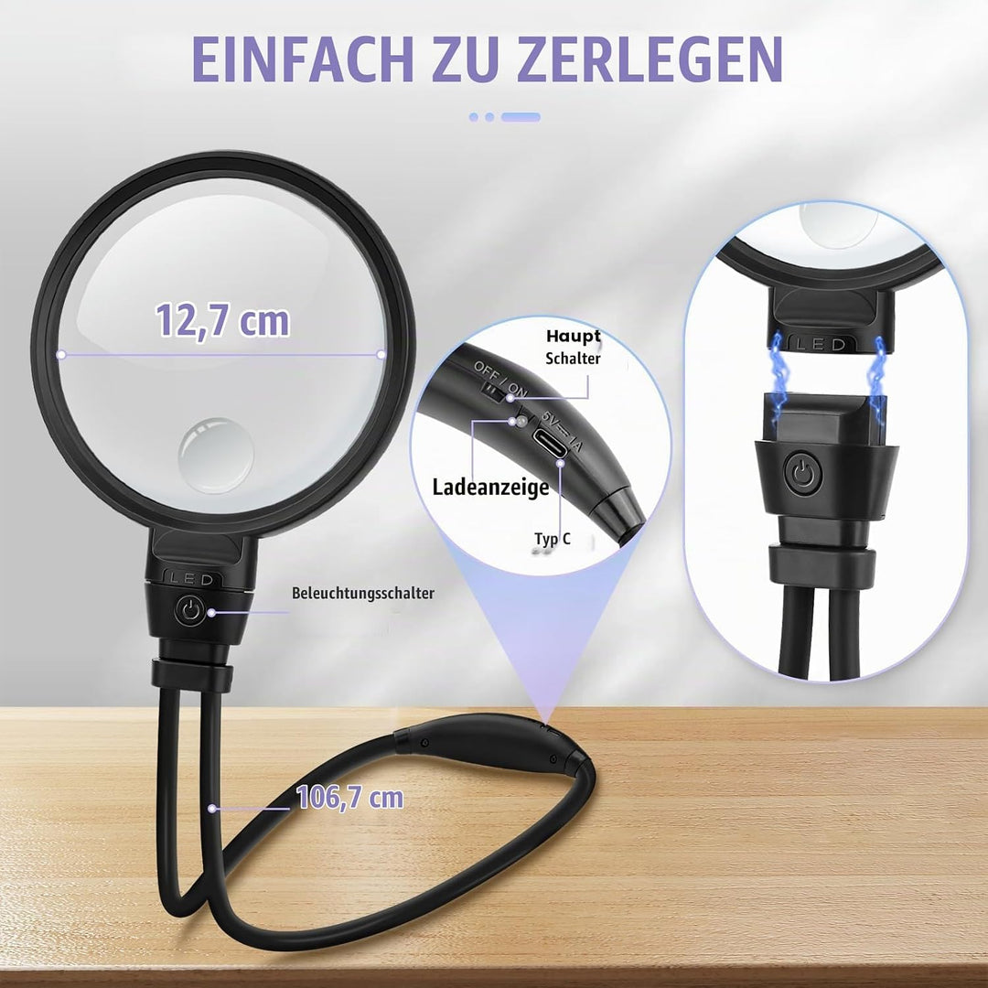 NZQXJXZ 10X Freihändig Lupe mit Licht, Einstellbare Leselupe für Senioren in der Nähe Arbeit, 3 Bele