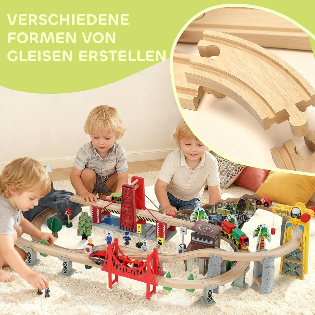 AIYAPLAY Holzeisenbahn Set 100 Stück Eisenbahn Set mit Elektrische Lok Zügen Grundplatte, Schienen K