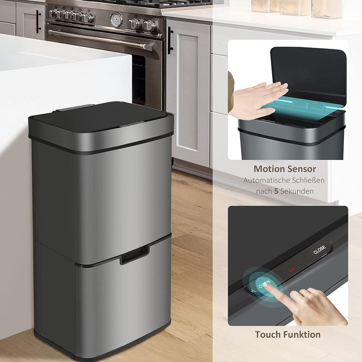 Ribelli Edelstahl - Mülltrennsysteme mit 3+1 Fächer - Mülleimer mit Sensor - 72 Liter (2x12 + 1x48 L
