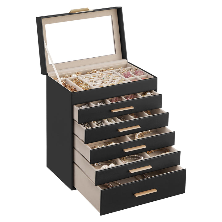 SONGMICS Schmuckkästchen, Schmuckkasten mit 6 Ebenen, Schmuckbox mit Glasdeckel, 5 Schubladen, für S