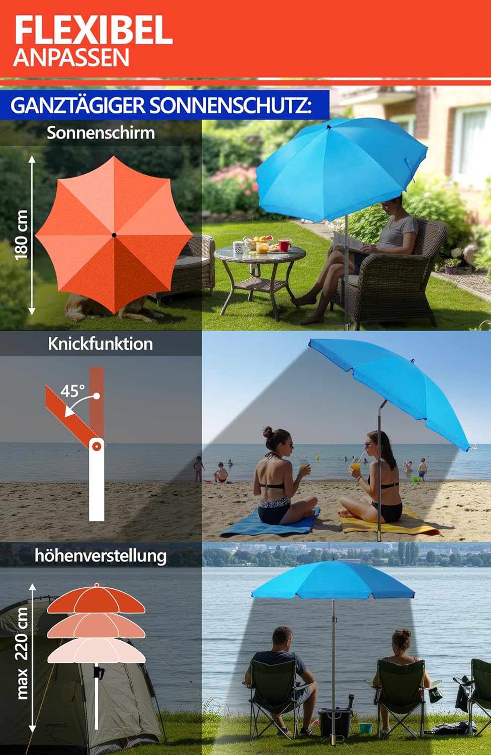 4smile Sonnenschirm Strand SunnyJoy Ø 160 cm, Blau – 3er Set inkl. Strandschirm windfest stabil, Ras