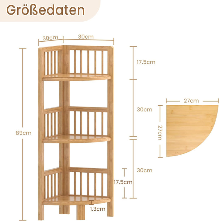 Dripex Eckregal stehend, Bambusregal, Standregal mit 3 Ablagen, 89x30x30cm, Platzsparend, Klein Lage