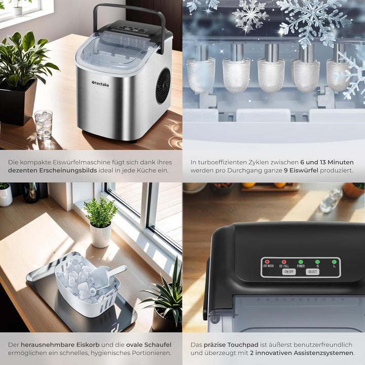 tectake® Eiswürfelmaschine, Ice Maker, 2,1l Volumen, Eiswürfelbereiter, Maschine bereitet 9 Würfel i