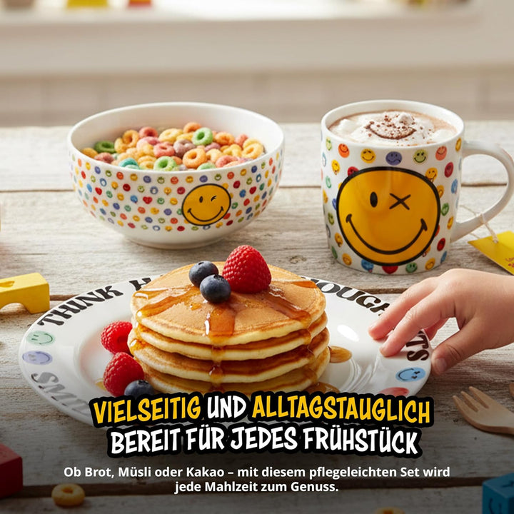 United Labels Smileyworld Frühstücksset Kinder, mit Smiley, Geschirr Set Porzellan, 3-teilig mit Tel
