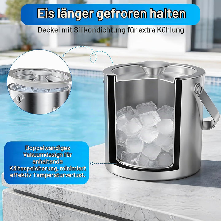3L Eiswürfelbehälter mit Deckel Schaufel und Eiszange, Eiskübel Doppelwandiger für Abkühlen von Bier