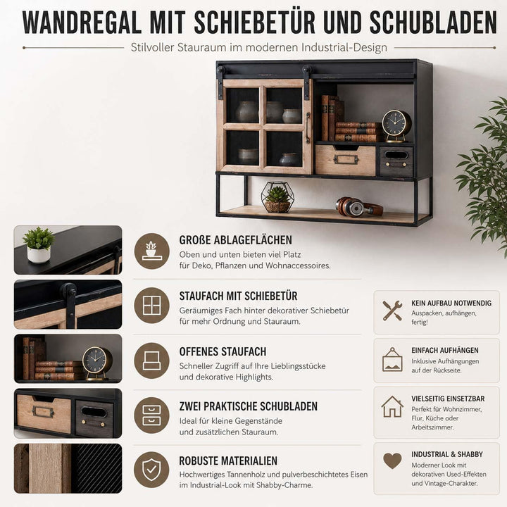 Mendler Wandregal HWC-Q79, Staufächer Vintage Shabby Holz Metall 52x67x22cm