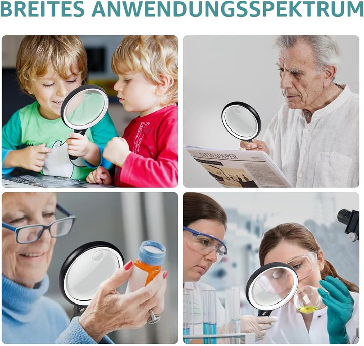 Lupe mit Licht USB Aufladbar, 10X 20X 45X Vergrösserungsglas, 37 LED Beleuchtete Handlupe mit 3 Lich