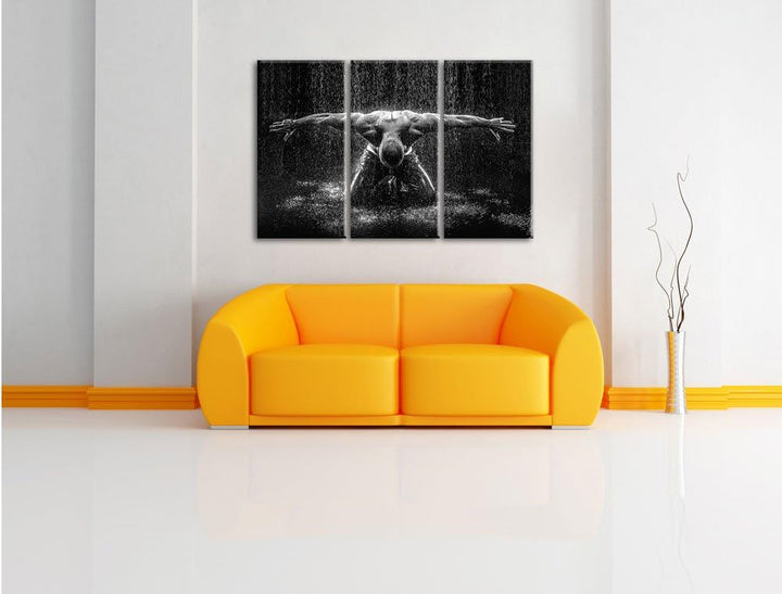 Pixxprint Bodybuilder im Regen Kunst B&W / 3-Teilig/Gesamtmass 120cm Leinwandbild bespannt auf Holzr