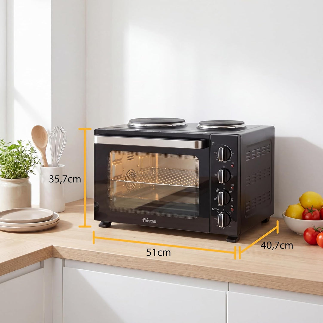 Tristar Heissluftofen mit 2 Kochplatten, 35 L Kapazität, 3200 W, Stahlgehäuse, kompakte Miniküche fü