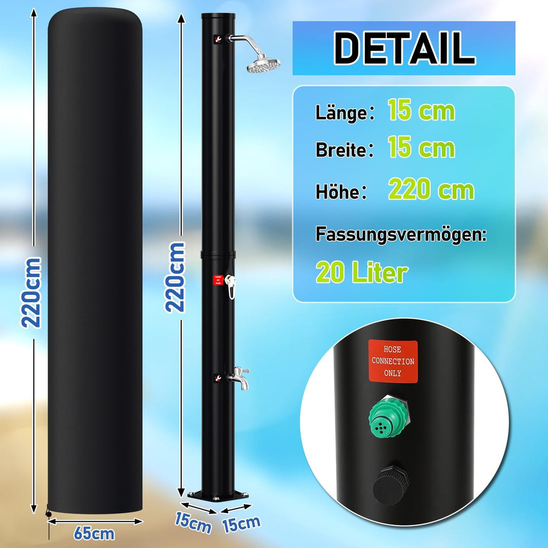 Solardusche 20L Solar Gartendusche warmes Wasser Bis Zu 60°C Ohne Stromanschluss Pooldusche Camping