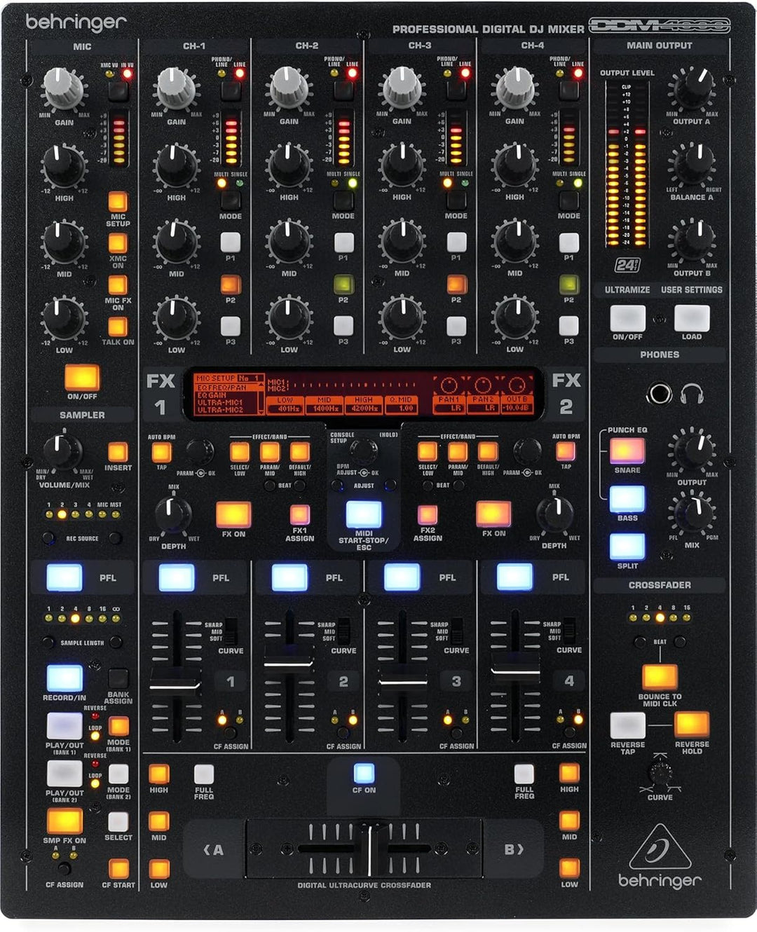 Behringer DIGITAL PRO MIXER DDM4000 Ultimativer 5-Kanal-Digital-DJ-Mixer mit Sampler, 4 FX-Sektionen