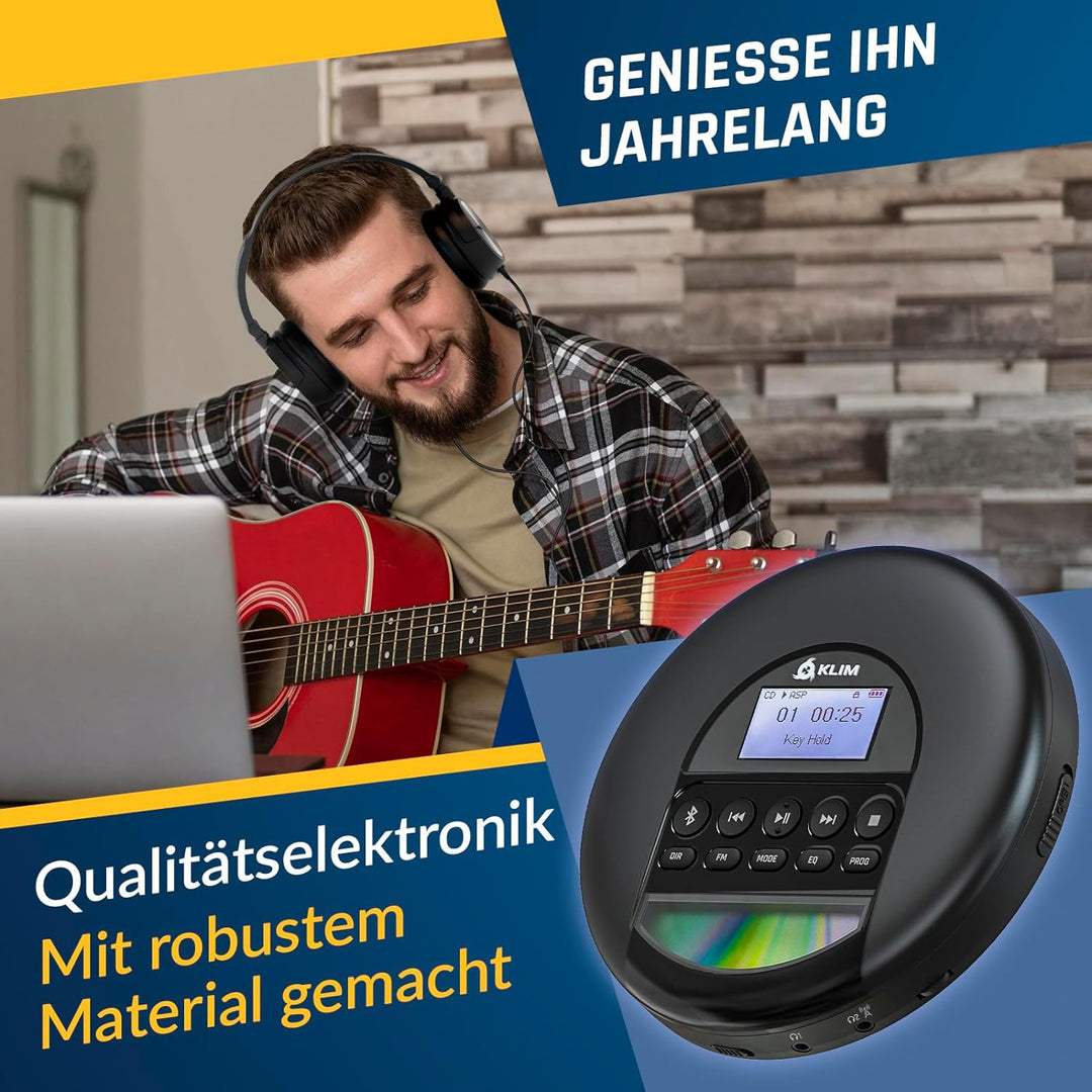 KLIM Nomad - Tragbarer CD-Player Discman mit langlebigem Akku - Inklusive Kopfhörer - Kompatibel mit
