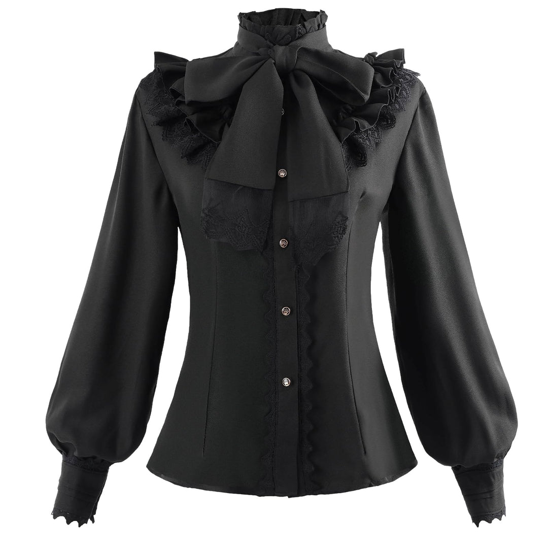 CR ROLECOS Schleifenhemd Stehkragen mit Ruff Langarmshirt Mittelalter Bluse rüschen Button Down Top