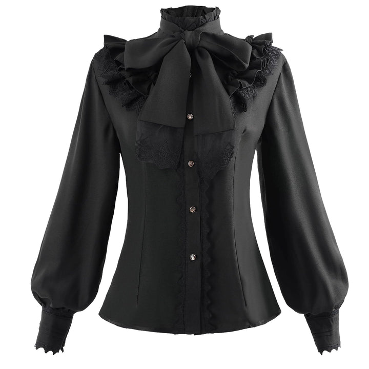 CR ROLECOS Schleifenhemd Stehkragen mit Ruff Langarmshirt Mittelalter Bluse rüschen Button Down Top
