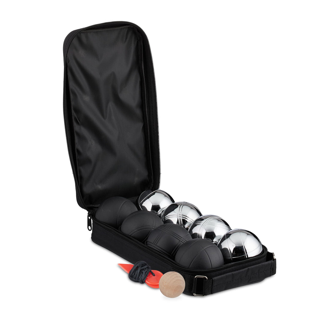 Relaxdays Boule Kugeln, 8 Metall-Kugeln, Set mit Zielkugel & Abstandsmesser, Tragetasche, Boccia Spi