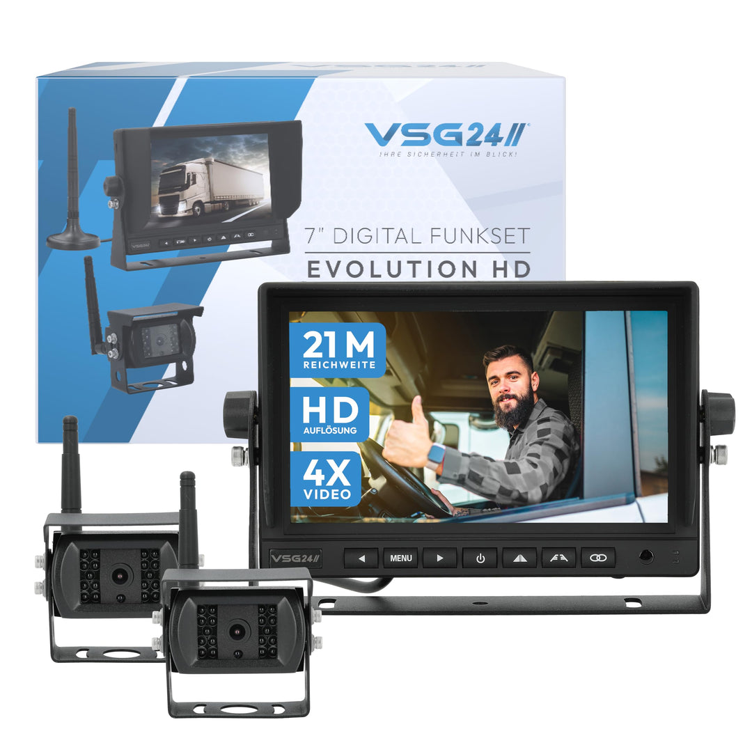 VSG24 7“ Evolution HD Funk Rückfahrsystem für Wohnmobil & LKW, KFZ Set kabellos inkl. 2X Rückfahrkam