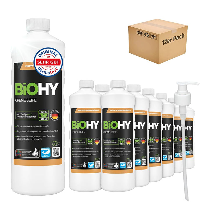 BiOHY Creme Seife (12 x 1 Liter) + Pumpspender | Hautschonende, rückfettende & geruchsneutrale Hands