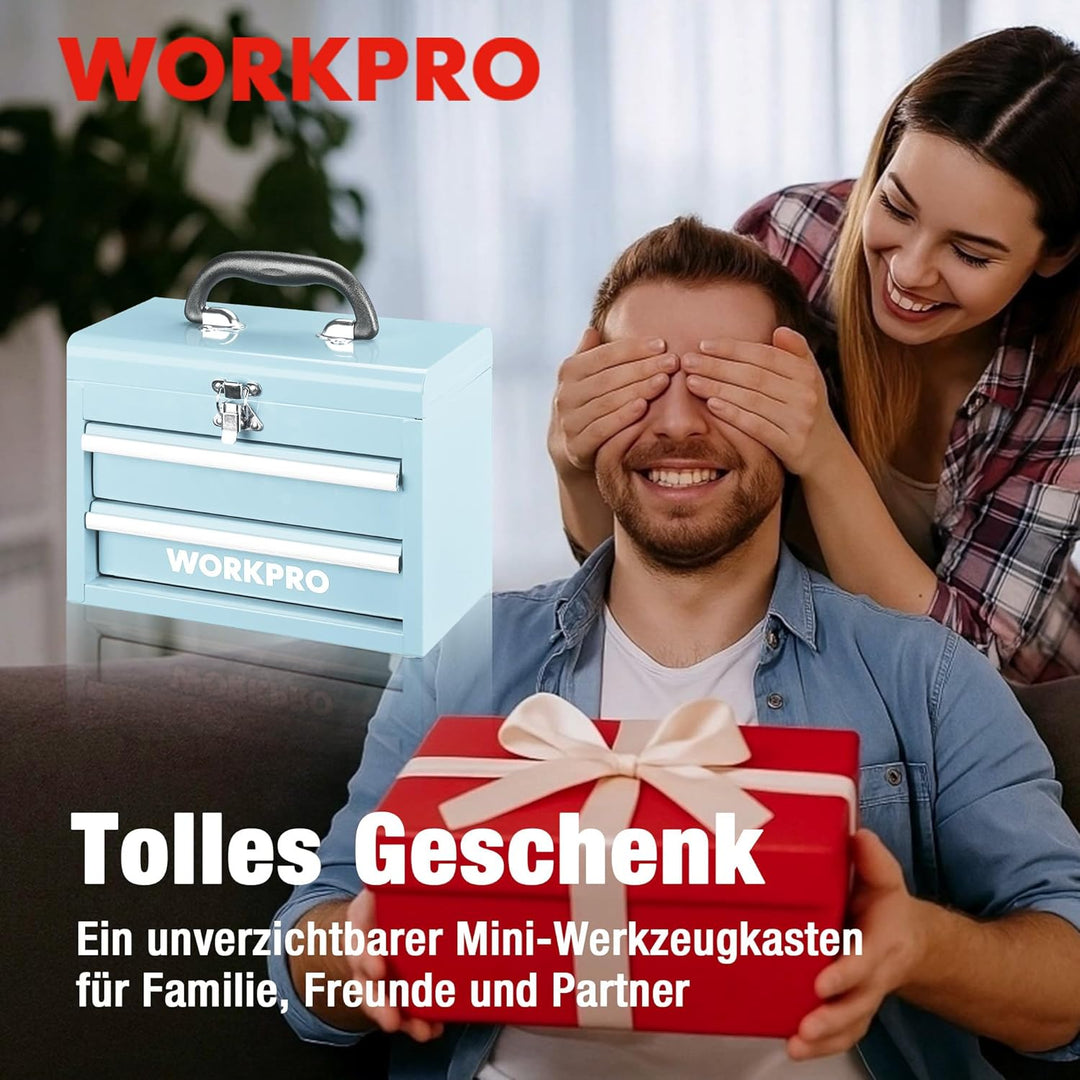 WORKPRO Metall Schubladenbox mit 2 Schubladen & Oberer Stauraum Hellblau, 27,5x15x20,8cm Tisch Organ