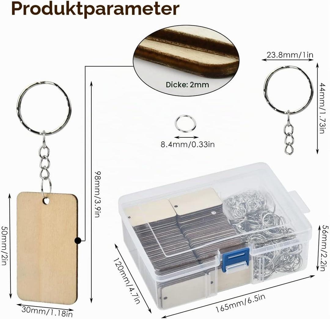 100 Stück 5*3cm Holzscheiben mit Loch und 100 Stück Schlüsselringe, Holz Schlüsselanhänger zum Bemal