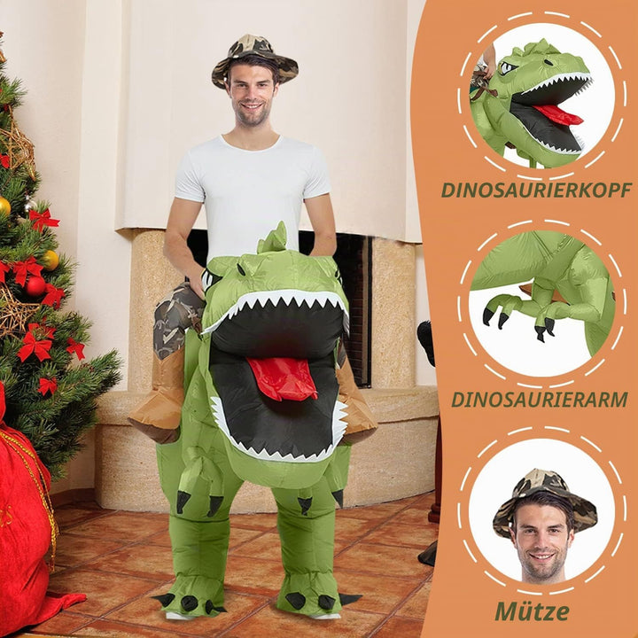 Dinosaurier-Kostüm, aufblasbar, Dino zu Pferd auf einem aufblasbaren Dinosaurier-Spielzeug, für Part