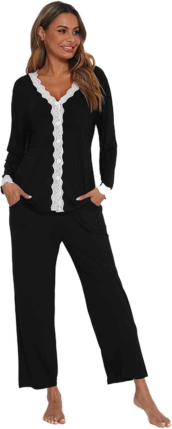 Jecarden Damen Schlafanzug mit Spitze Lang - Damen Pyjama Set Winter Langärmelig Nachtwäsche Zweitei