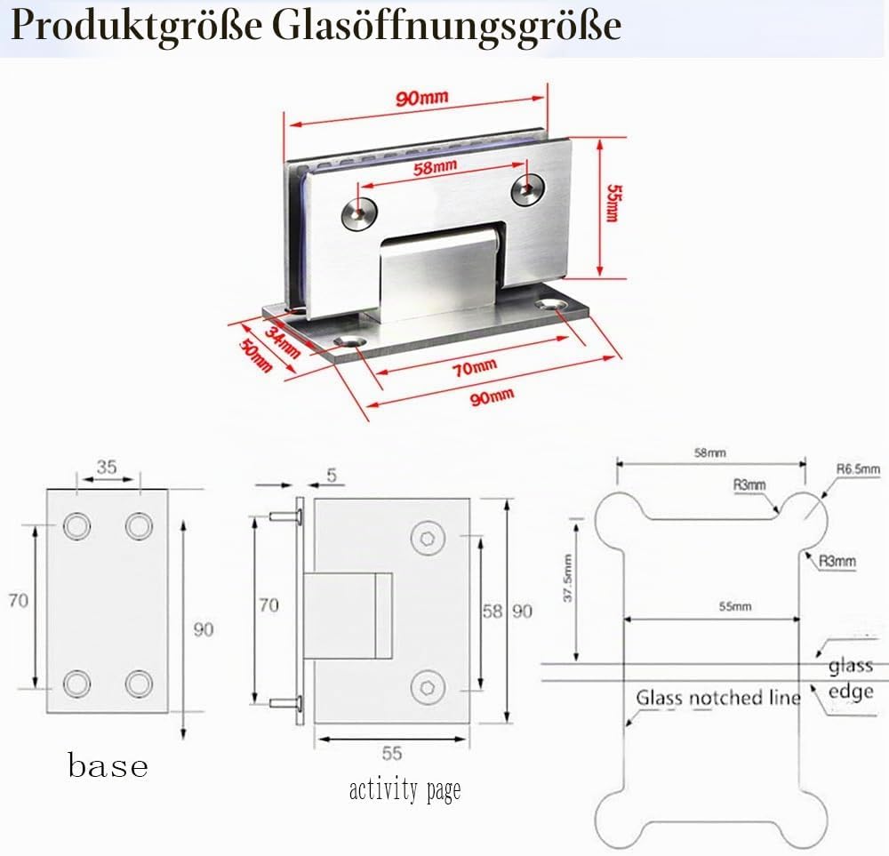 Zwei 90° öffnende Glasclips, 8-12mm, Edelstahl, Wandmontage, rahmenlos, Glasmontage, Duschtürscharni