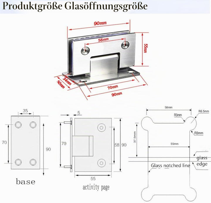 Zwei 90° öffnende Glasclips, 8-12mm, Edelstahl, Wandmontage, rahmenlos, Glasmontage, Duschtürscharni