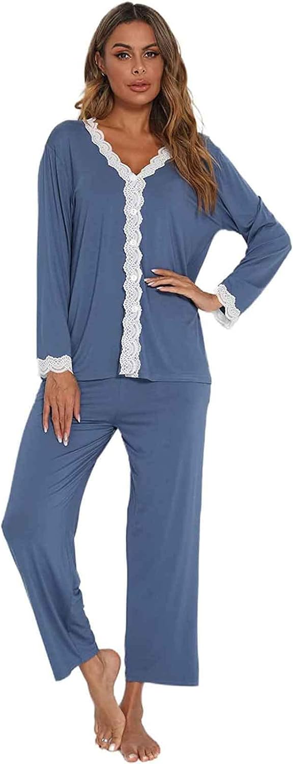 Jecarden Damen Schlafanzug mit Spitze Lang - Damen Pyjama Set Winter Langärmelig Nachtwäsche Zweitei