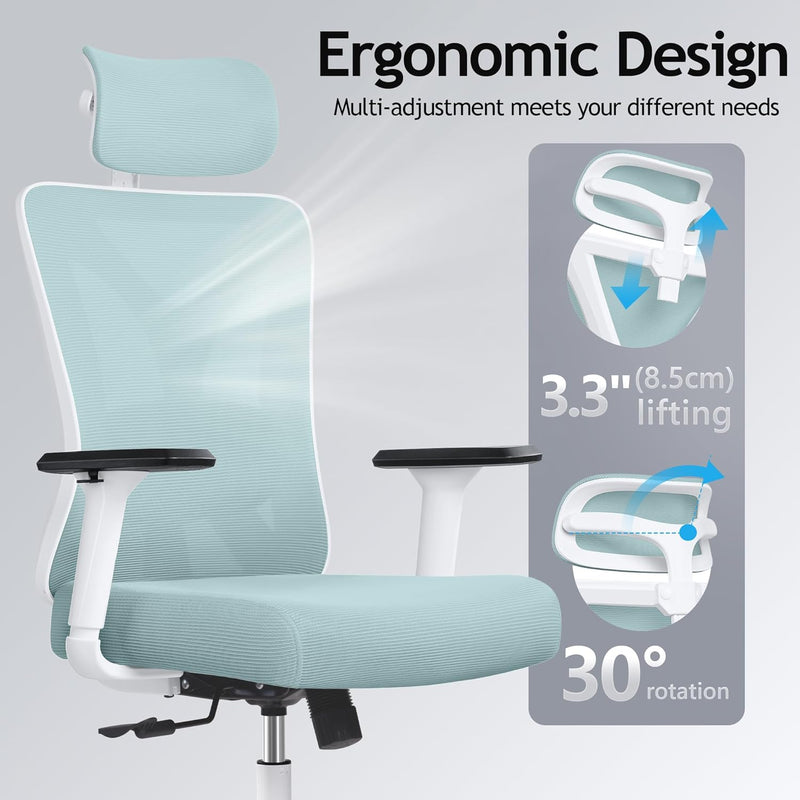 KERDOM Bürostuhl, Ergonomischer Schreibtischstuhl mit Verstellbarer Kopfstütze und Lendenwirbelstütz