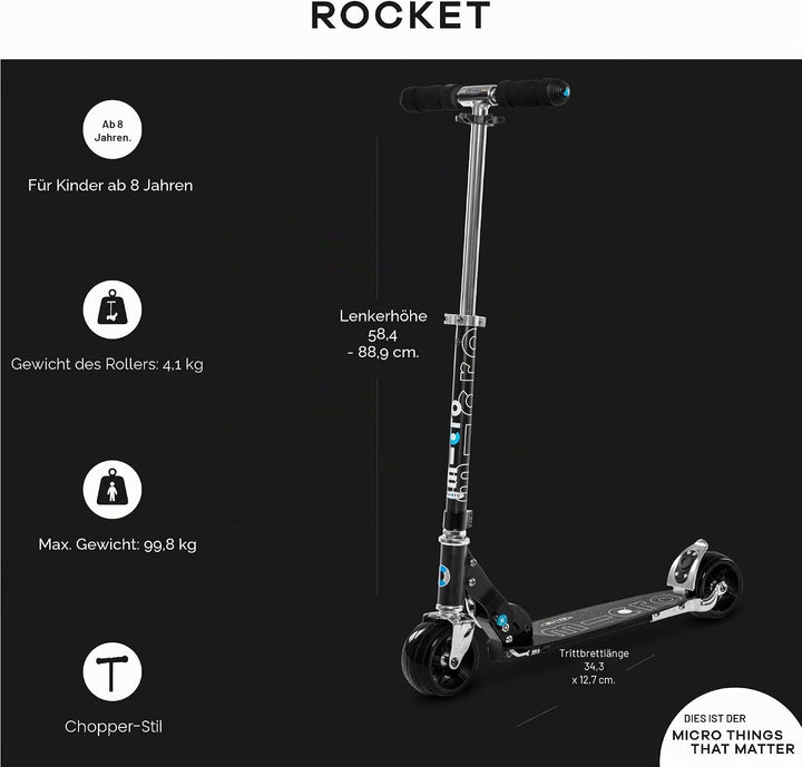 Micro Rocket Scooter Jungen/Mädchen ab 8 Jahren Schwarz, Schwarz