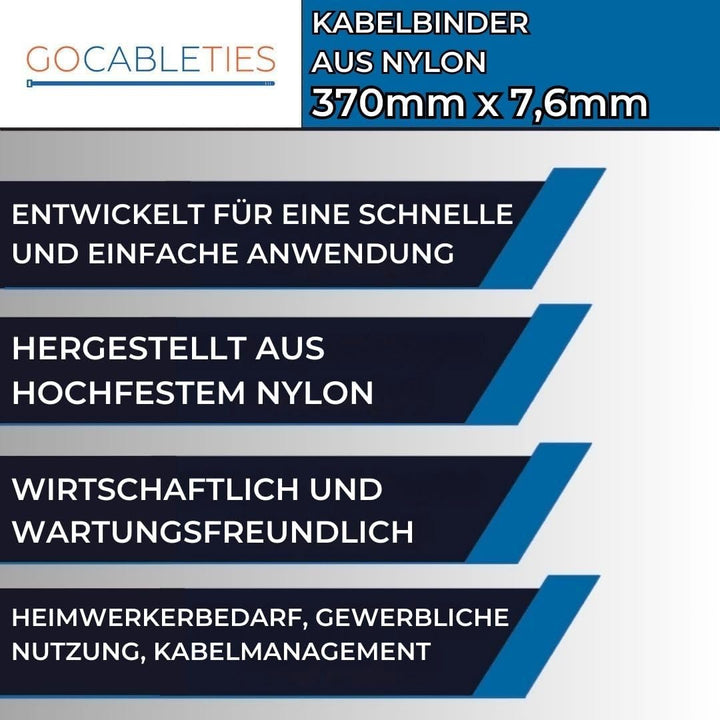 Gocableties Kabelbinder 100 Stück Weiss/Naturfarben Transparent, 370 mm x 7,6 mm mit 54,4 kg Zugfest