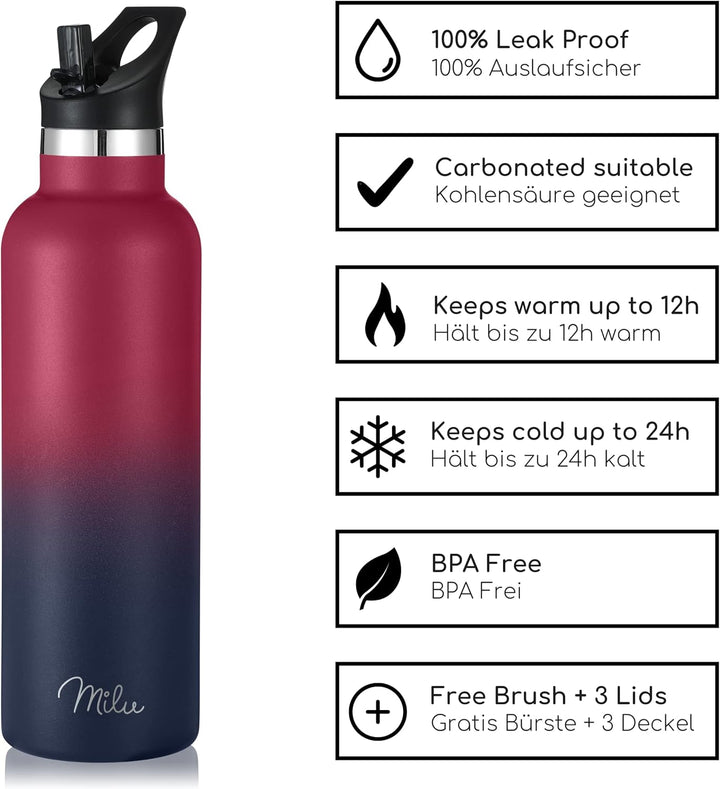 Milu Edelstahl Trinkflasche 500ml, 750ml, 1L (+3 Deckel) - Thermosflasche mit Strohhalm, Isolierte W