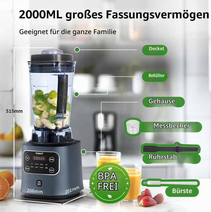 TOKIT 8-EN-1 Standmixer 2000ML, Hochleistungsmixer Pro 1400W Metallmaterial mit Touch LCD und 8 Menü