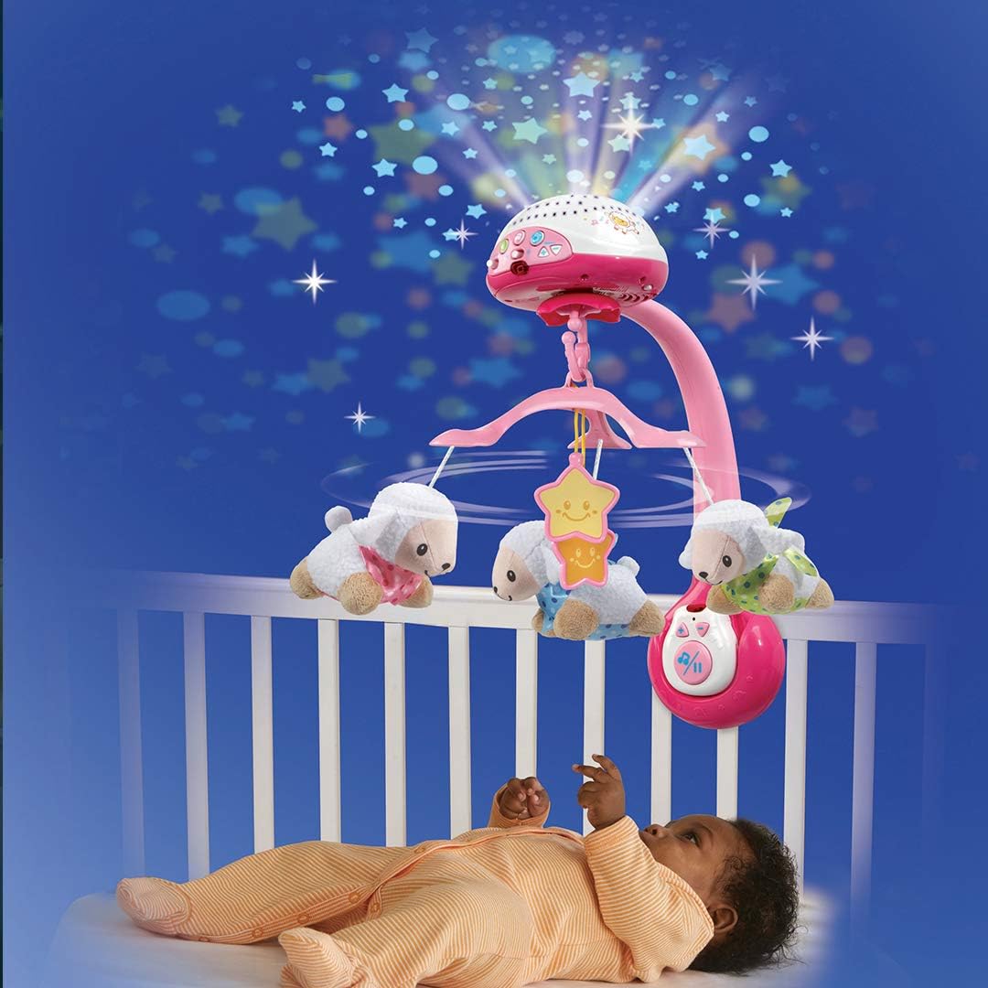 VTech - Lumi Mobile rosa Schafzähler, Mobile mit Musik, Babybett, Kinderwagen und Sitzschale mit Fer