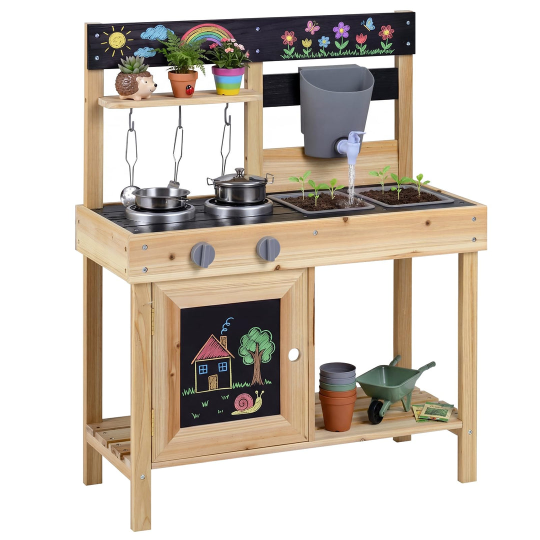 COSTWAY Matschküche Kinder Outdoor, Spielküche Holz mit Wassertank, Herd, Kreidetafel & Spüle, Outdo