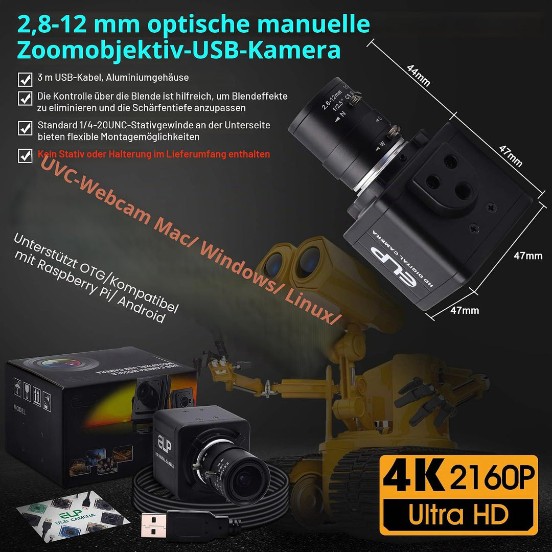 ELP 4K Optischem Zoom USB-Kamera,Ultra HD IMX317-Sensor-Webcam mit 2,8-12 mm Varifokalobjektiv,3840