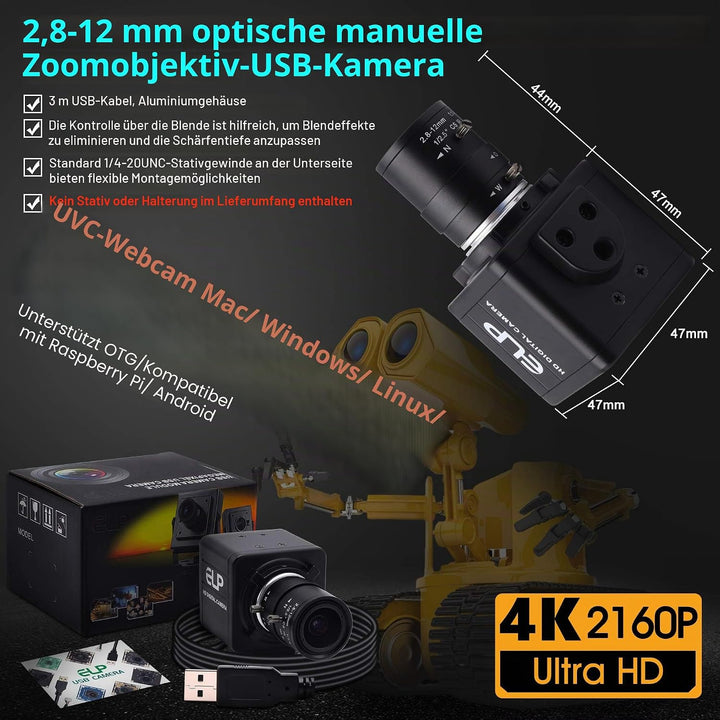 ELP 4K Optischem Zoom USB-Kamera,Ultra HD IMX317-Sensor-Webcam mit 2,8-12 mm Varifokalobjektiv,3840