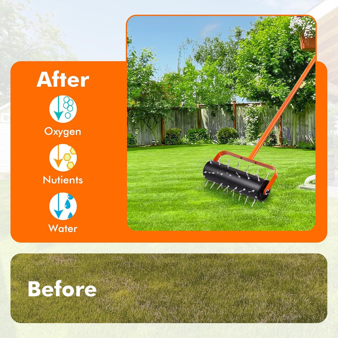 Rasenlüfter Walze, Rasenbelüfter Manuell, Handvertikutierer Rollend mit 42 Nägeln 5cm & Spritzschutz